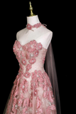 Dusty Pink 3D Floral Halter Sheer Tulle Long Evening Gown With Cape APP1356