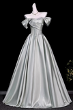 Dusty Green Off Shoulder Satin Prom Dress, Corset A Line Long Evening Gown APP1357