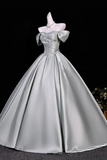 Dusty Green Off Shoulder Satin Prom Dress, Corset A Line Long Evening Gown APP1357