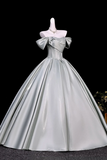 Dusty Green Off Shoulder Satin Prom Dress, Corset A Line Long Evening Gown APP1357