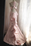 Unique Mermaid Satin Pink Long Prom Dress, Pink Party Dress APP1358