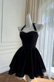 Elegant Black Halter Mini Dress with Pearls, Sweetheart Neckline A Line Homecoming Dress APH0353