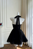 Elegant Black Halter Mini Dress with Pearls, Sweetheart Neckline A Line Homecoming Dress APH0353
