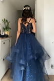 Shiny V Neck Dark Blue Lace Prom Dresses, Formal Evening Dresses APP1359