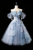 Off the Shoulder Short Blue Prom Dresses with Butterfly, Formal Graduation Dresses APH0354