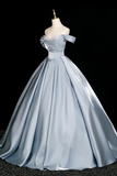 Satin Off The Shoulder Ball Gown, Elegant Grey Blue Long Formal Dress for Prom APP1360