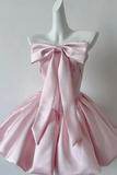 Short Pink Satin Prom Dresses, Graduation Homecoming Dress with Bow APH0356