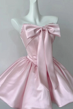 Short Pink Satin Prom Dresses, Graduation Homecoming Dress with Bow APH0356