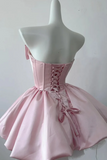 Short Pink Satin Prom Dresses, Graduation Homecoming Dress with Bow APH0356
