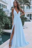 A Line V Neck Light Blue Chiffon Prom Dresses, Long Formal Bridesmaid Dresses APP1361