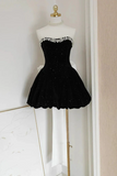Black Sweetheart Velvet Beaded Short Party Dress, Black Mini Homecoming Dress APH0359