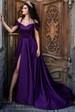 Off the Shoulder Purple Satin Long Prom Dresses, Formal Graduation Dresses APP1364