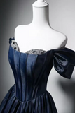A Line Sweetheart Neck Off Shoulder Dark Blue Long Prom Dress with Beads APP1372