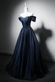 A Line Sweetheart Neck Off Shoulder Dark Blue Long Prom Dress with Beads APP1372