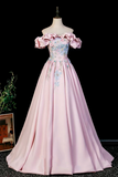 Pink Off Shoulder Satin Ball Gown with Floral Embroidery and Corset Back Evening Dress APP1375