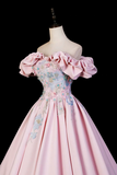 Pink Off Shoulder Satin Ball Gown with Floral Embroidery and Corset Back Evening Dress APP1375