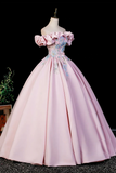 Pink Off Shoulder Satin Ball Gown with Floral Embroidery and Corset Back Evening Dress APP1375