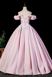 Pink Off Shoulder Satin Ball Gown with Floral Embroidery and Corset Back Evening Dress APP1375
