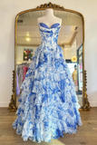 A Line Sweetheart Neck Printed Chiffon Blue Long Prom Dress with Lace Applique APP1376