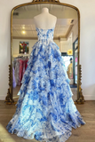 A Line Sweetheart Neck Printed Chiffon Blue Long Prom Dress with Lace Applique APP1376