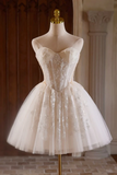 Sweetheart Neck Short Champagne Beaded Prom Dresses, Engagement Outfits Homecoming Dresses APH0365