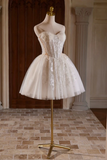 Sweetheart Neck Short Champagne Beaded Prom Dresses, Engagement Outfits Homecoming Dresses APH0365