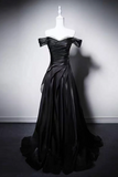A Line Off Shoulder Black Long Prom Dress with Beads APP1377