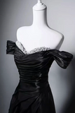 A Line Off Shoulder Black Long Prom Dress with Beads APP1377