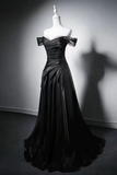 A Line Off Shoulder Black Long Prom Dress with Beads APP1377