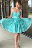 Short Ruched Sweetheart Lace Blue Homecoming Dresses 