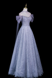 A light lavender off-the-shoulder ball gown with a beaded bodice and a full, sparkly tulle skirt, displayed on a mannequin against a solid black background.