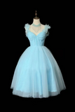 A light blue tulle ball gown with a sweetheart neckline and feathered cap sleeves, displayed on a mannequin against a solid black background.