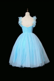 A light blue tulle ball gown with a sweetheart neckline, corset-style bodice, and ruffled shoulder details, displayed on a dress form against a black background.