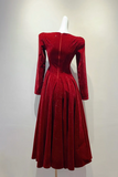 Burgundy Velvet Long Sleeve Square Neck Sparkle A-Line Midi Evening Dress
