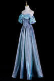 A formal off-the-shoulder gown displayed on a mannequin against a black background. The dress has a shimmering light blue and silver satin-like fabric, a structured corset-style bodice, and voluminous puffed sleeves.