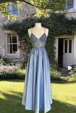 Spaghetti Straps Embroidery Beaded V Neck Satin Dress

