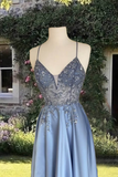Spaghetti Straps Embroidery Beaded V Neck Satin Dress
