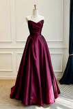 Strapless Burgundy Satin Prom Dresses, Sweetheart Neck Formal Evening Dress