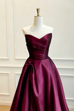 Strapless Burgundy Satin Prom Dresses, Sweetheart Neck Formal Evening Dress