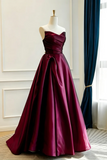 Strapless Burgundy Satin Prom Dresses, Sweetheart Neck Formal Evening Dress