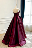 Strapless Burgundy Satin Prom Dresses, Sweetheart Neck Formal Evening Dress