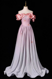 A long off-the-shoulder evening gown displayed on a mannequin against a black background. The dress has a pink satin bodice with vertical stripes and a full flowing skirt in a pale lavender-gray tone with small embroidered floral details.