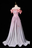 A formal off-the-shoulder gown displayed on a mannequin against a black background. The dress has a pink satin bodice with vertical stripes, a flared skirt, and small embroidered floral details.