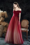 Burgundy Off the Shoulder Prom Dress, Wine Red Tulle Long Formal Evening Gown
