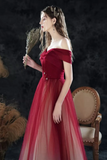 Burgundy Off the Shoulder Prom Dress, Wine Red Tulle Long Formal Evening Gown

