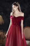 Burgundy Off the Shoulder Prom Dress, Wine Red Tulle Long Formal Evening Gown
