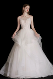 Spaghetti Strap White Ball Gown Prom Wedding Dress Pearl Beaded Sheer Bodice Tiered Ruffle Tulle Bridal Gown
