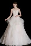 Spaghetti Strap White Ball Gown Prom Wedding Dress Pearl Beaded Sheer Bodice Tiered Ruffle Tulle Bridal Gown
