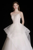 Spaghetti Strap White Prom Wedding Dress, Pearl Beaded Sheer Bodice Tiered Ruffle Tulle Bridal Gown APP1412