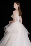Spaghetti Strap White Ball Gown Prom Wedding Dress Pearl Beaded Sheer Bodice Tiered Ruffle Tulle Bridal Gown
